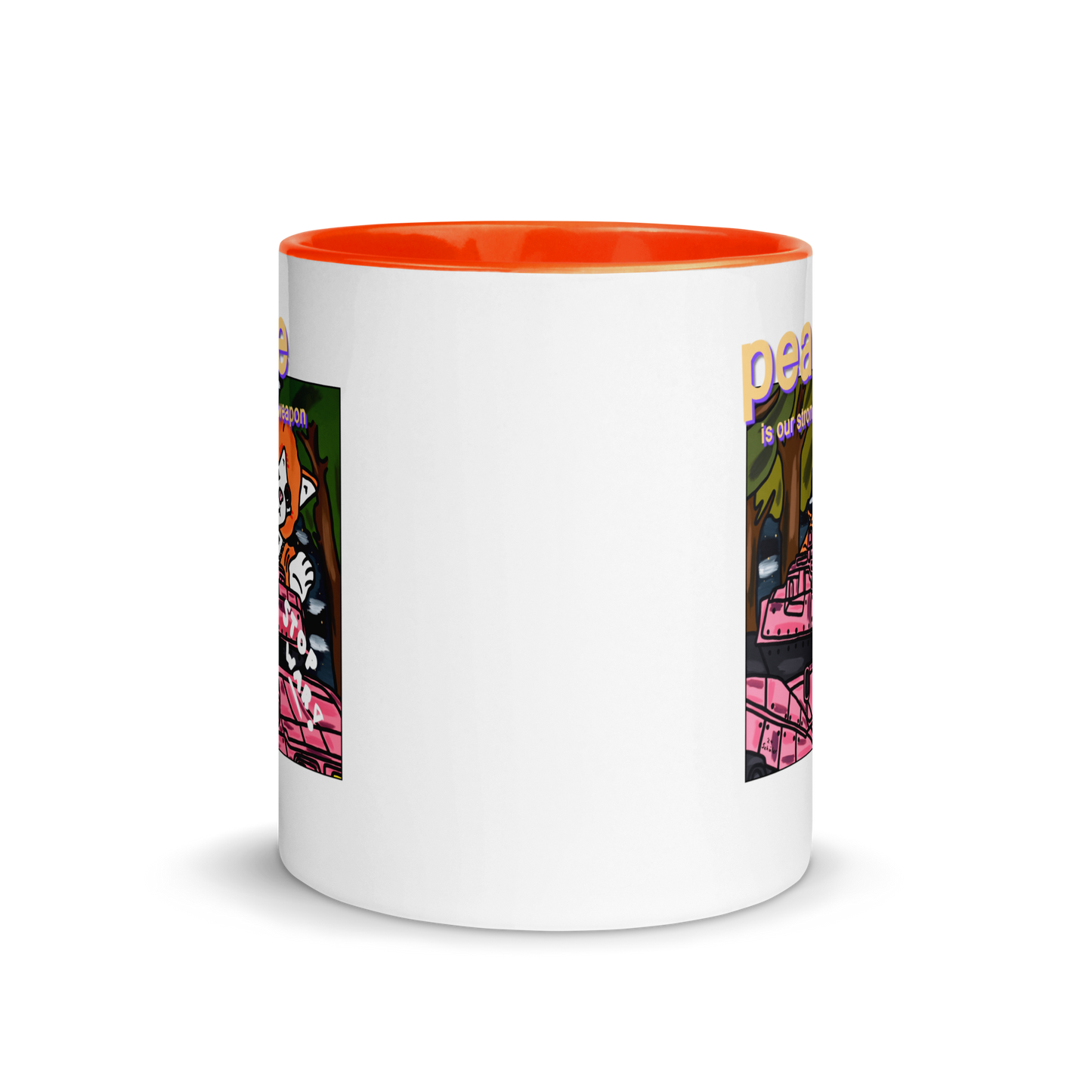 "Peace Is Our Strongest Weapon" – Weiße Tasse mit orangener Innenfarbe