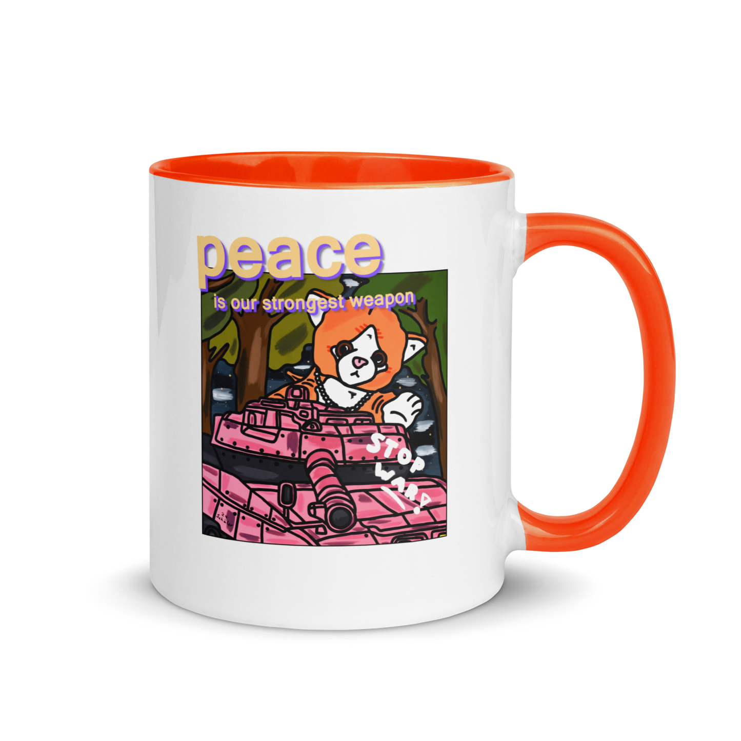 "Peace Is Our Strongest Weapon" – Weiße Tasse mit orangener Innenfarbe